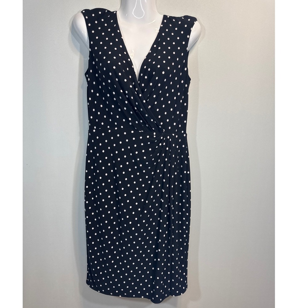 Lauren Ralph Lauren Polka Dot Ruched V-Neck‎ Sheath Dress Black White Size 6